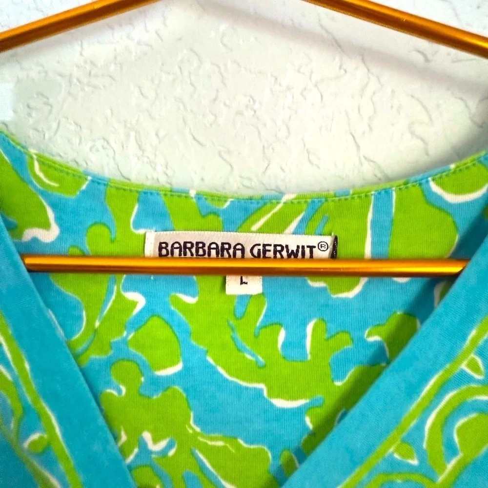 Barbara Gerwit Bright Green & Blue Tunic Dress | Boho Resort Chic | Size L - Picture 2 of 4